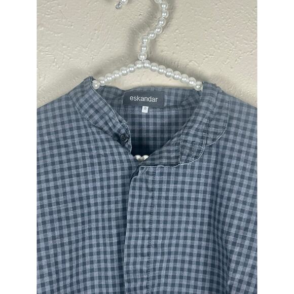 Eskandar Size 0 Top Button Down Oversized Lagenlook Gray Gingham Cotton Shirt - Picture 8 of 12
